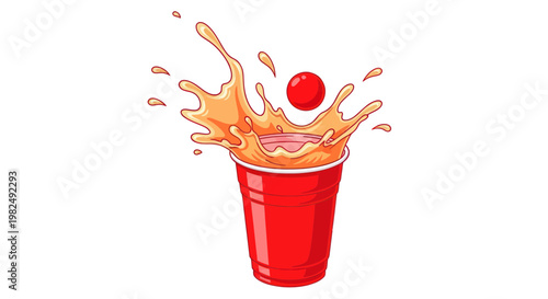 Red cup splashing orange liquid with a ball flying out, party drink concept