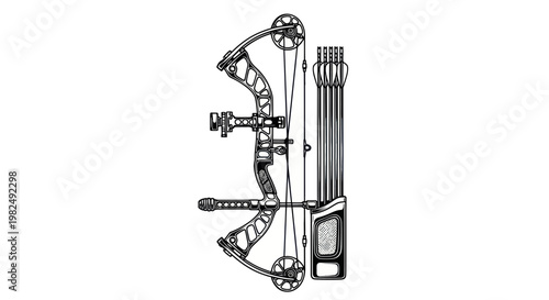 Modern Compound Bow with Arrows and Quiver - Top View, Black and White Line Art