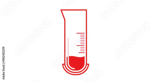 Red liquid in a laboratory beaker with measurement lines, science icon