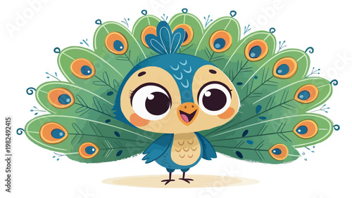 A colorful cartoon peacock bird with a vibrant plumage and big eyes