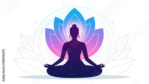 A serene woman meditating in a lotus position with a vibrant flower design