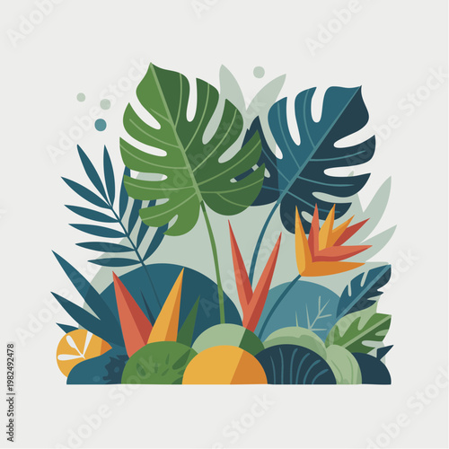 Vibrant tropical leaf and flower illustration with monstera palm bird 