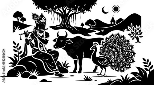 Lord Krishna playing flute with cow and peacock in a serene setting.