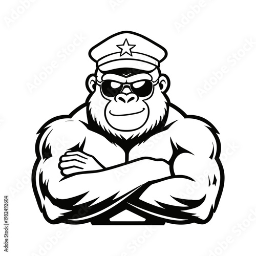 Strong Gorilla Police Officer Mascot with Sunglasses and Hat.