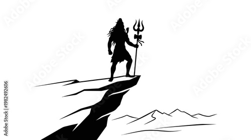 Lord Shiva standing on a mountain peak holding a trishul.