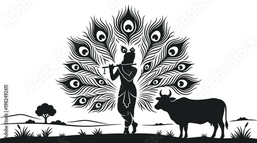 Lord Krishna playing flute with peacock feathers and a cow silhouette.