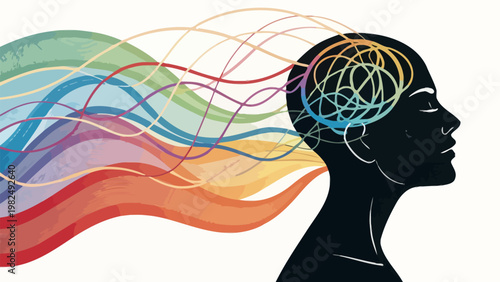 A colorful vector illustration of a human head with swirling thoughts