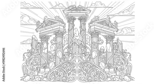 Mythical Ornate Ancient Gates Architectural Line Art Illustration. Detailed Fantasy Entrance with Columns and Rays of Light.