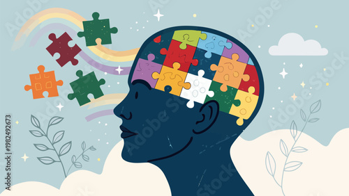 A colorful illustration of a person's head with puzzle pieces and a rainbow