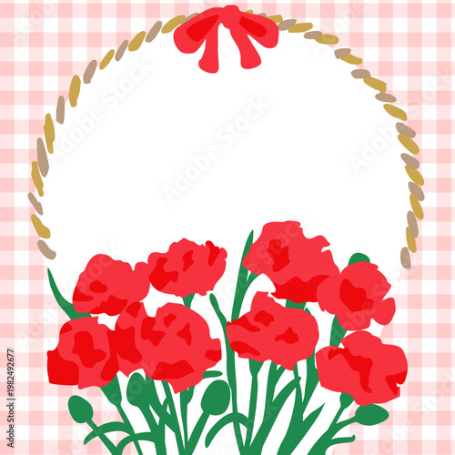 母の日　カーネーションのバスケットとシームレスなギンガムチェックの背景フレーム　手書き風イラスト