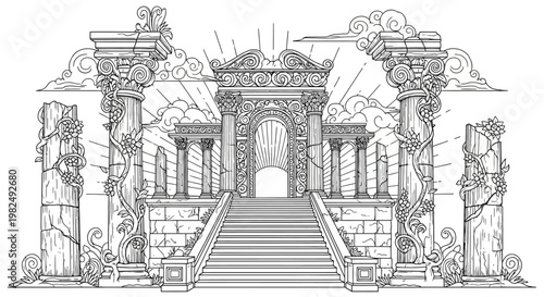 Ancient ornate fantasy temple gate ruins with classical columns and stairs, detailed line art illustration, mythological architecture