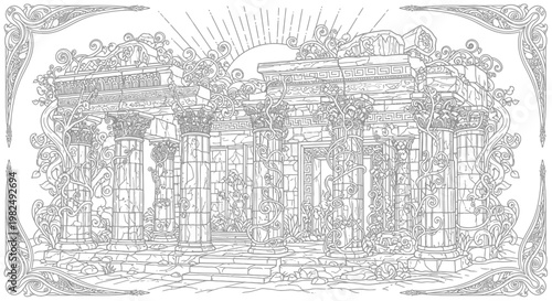 Intricate line art of ancient ruins with classical columns, overgrown foliage, and a rising sun, detailed illustration for coloring.