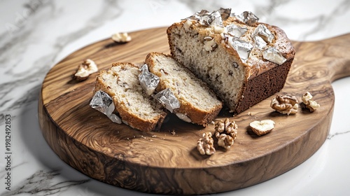 Delicious walnut bread slices adorned with silver foil on wooden board