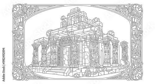Intricate Fantasy Temple Ruins Outline Drawing with Elegant Frame for Adult Coloring Book, Mythology, and Decorative Art