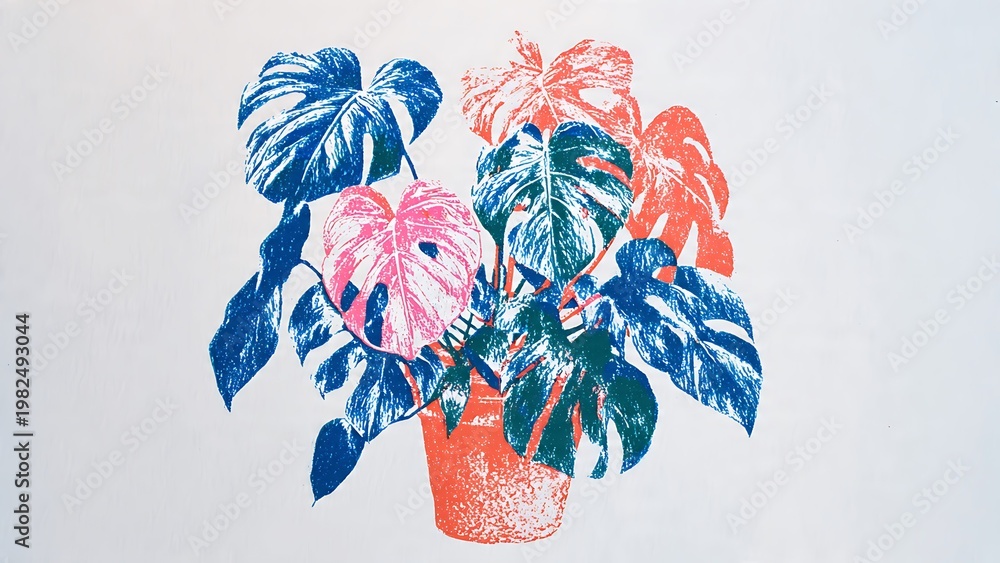 Naklejka premium Artistic monstera plant lino cut print in vibrant blue and coral tones. Tropical botanical illustration with retro grain and ink texture, perfect for modern interior decor and wall art.