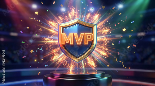 Spectacular 3D Most Valuable Player award emblem glowing brightly amidst a shower of festive confetti and explosive light effects on a sleek podium