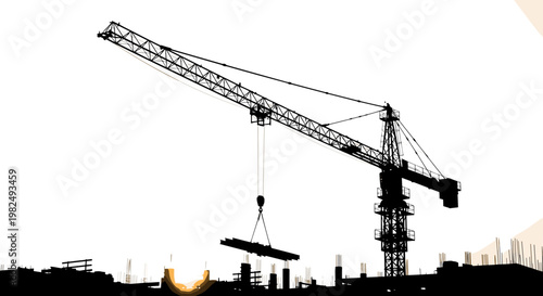 Large Construction Crane Lifting Heavy Beam.
