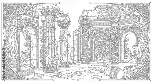 Detailed grayscale line art illustration of ancient forgotten temple ruins overgrown with fantasy foliage and ornate carvings
