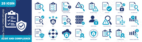 Audit And Compliance Icon Set Collection In Flat Blue Style. Icon Set Consist Of Data Privacy, Gdpr, Cyber Security, And Regulatory Standards Icons For Business And Corporate Use.