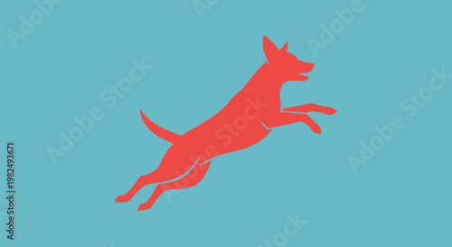 Minimalist graphic illustration of a jumping dog silhouette.
