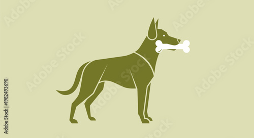 Minimalist graphic illustration of a dog holding a bone in its mouth.
