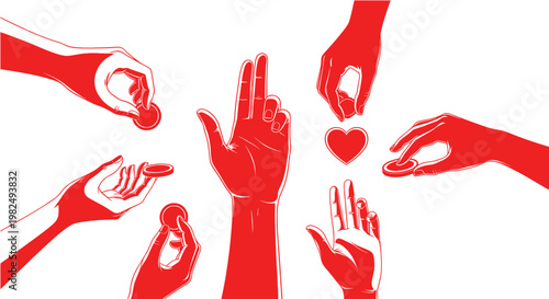 Hands Giving and Receiving Coins, Heart Symbol, Charity and Donation Concept