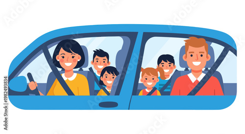 Happy Family Road Trip in Blue Car, Parents and Children Enjoying Travel