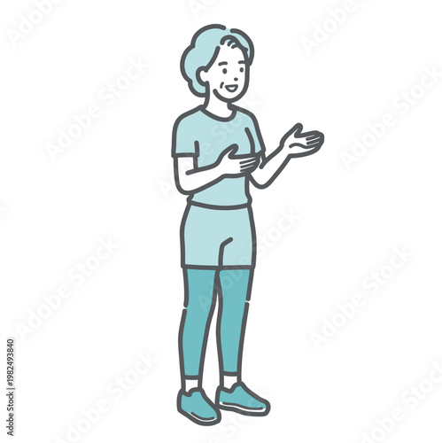 身振りを交えて笑顔で会話をするスポーツウェア姿のシニア女性のイラスト