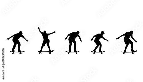 Skateboarders skateboarding on skate boards silhouette people set. 