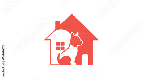Minimalist red icon featuring a cat sitting inside a stylized house silhouette.