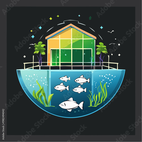 Sustainable Aquaculture System Illustration With Modern Building And Fish In Water Tank