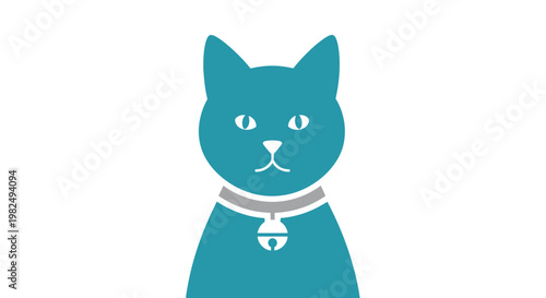 Minimalist blue cat illustration with collar and bell.