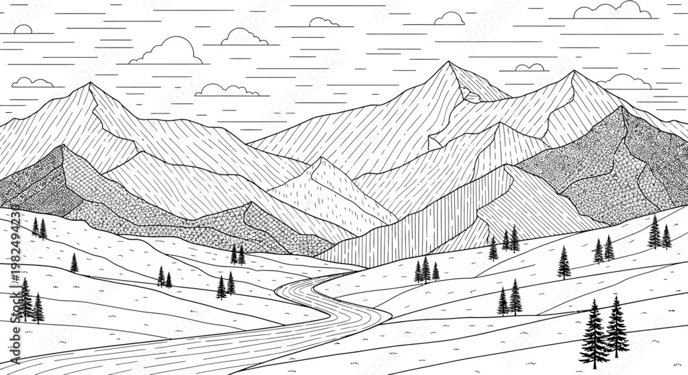 Fototapeta premium Detailed line art illustration of a majestic mountain landscape with a winding river, rolling hills, evergreen trees, and clouds in a minimalist vector style.