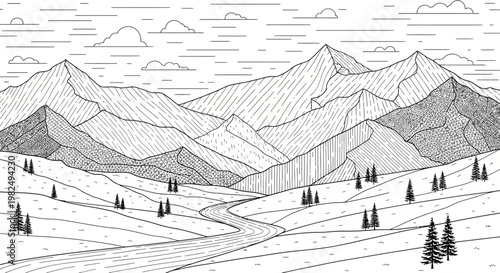 Detailed line art illustration of a majestic mountain landscape with a winding river, rolling hills, evergreen trees, and clouds in a minimalist vector style.