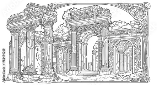 Detailed illustration of ancient fantasy ruins, a majestic lost temple with intricate classical architecture, line art for coloring