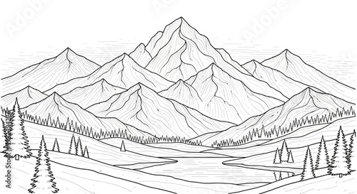 Monochromatic line art illustration of majestic mountain landscape with flowing river, conifer trees, and scenic valley
