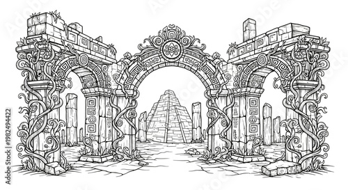 Intricate illustration of ancient temple ruins with ornate arches, overgrown pillars, and a distant pyramid, evoking lost civilization fantasy.