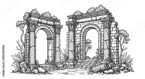 Detailed hand-drawn illustration of ancient crumbling stone ruins with classical arches and columns, overgrown with vegetation, black and white line art.