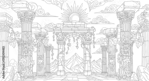 Detailed Line Art of Ancient Ruins with Classical Columns, Arches, Sun, and Mountains – Ideal Coloring Book Page