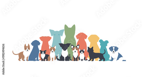 Group of colorful dog silhouettes and portraits standing together.