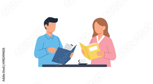 A man and woman sit at a table, focused on their books, while a coffee cup rests nearby in this clean and minimalist vector illustration of people.