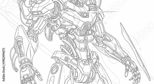 Detailed line art drawing of a futuristic sci-fi robot. Intricate mechanical mecha warrior outline, vector illustration, white background.