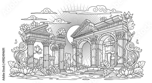 Detailed Line Art Illustration of Ancient Temple Ruins, Columns, Archway with Lotus Flowers, Sun & Clouds