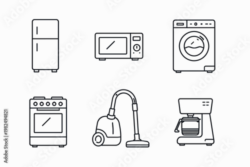 Minimalist line art icons representing essential household appliances: refrigerator, microwave oven, washing machine, kitchen stove, vacuum cleaner, and coffee maker. Modern vector illustration.