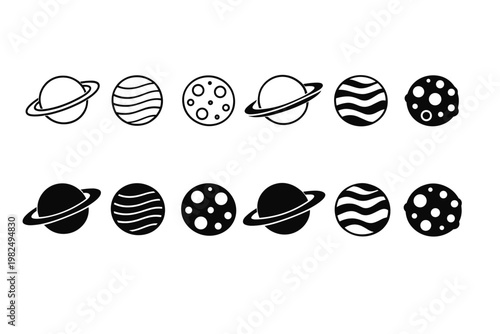 Collection of black planet vector icons featuring celestial bodies with rings, stripes, and craters; set of minimalist space symbols for astronomy, science, and galaxy exploration projects.