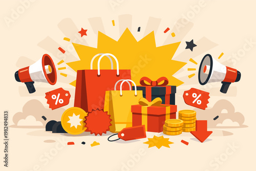 Vibrant clearance sale banner featuring shopping bags, gift boxes, megaphones, and discount tags. Simple flat vector illustration for retail marketing, limited time offers, and seasonal deals.