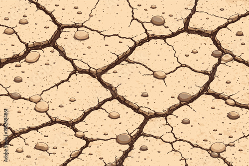 Abstract cracked earth surface texture with granular soil and pebble-like stones. Simple flat vector illustration of parched ground, drought conditions, and arid desert landscape background.