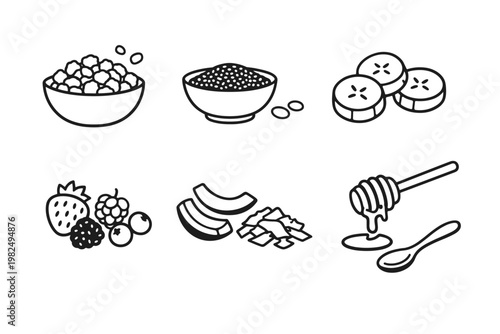 Vector illustration of healthy breakfast food icons set featuring granola bowl, chia seeds, banana slices, fresh berries, strawberry, blackberry, coconut flakes, honey dipper, and spoon.