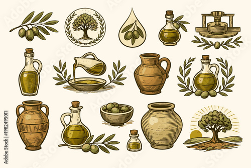 Vintage hand-drawn olive oil production set with olive tree branches, green olives, ceramic pots, vases, glass bottles, oil drop, and traditional press icons in a woodcut engraving style.