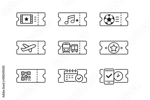 Simple Ticket and Entry Pass Icon Line Set for Cinema, Concert, Sport, Flight, Transport, VIP, QR Code, Booking, and Mobile Digital Access. Vector Illustration of Event Vouchers and Coupons.
